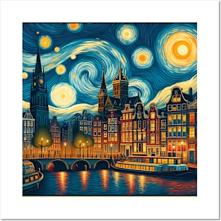 Amsterdam, Netherlands, in the style of Vincent van Gogh's Starry Night Posters and Art